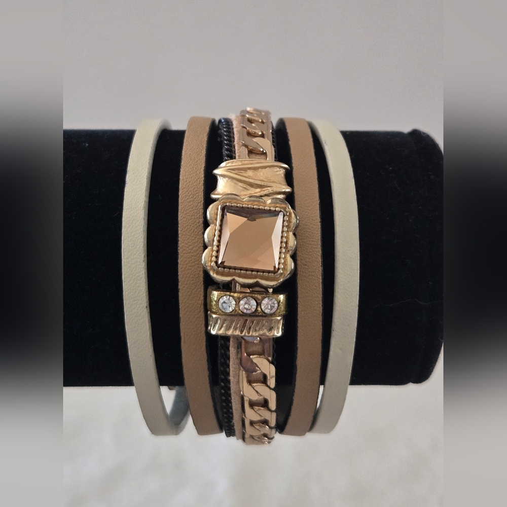Gold-Tone and Taupe Multi-Strand Leather Wrap Bracelet